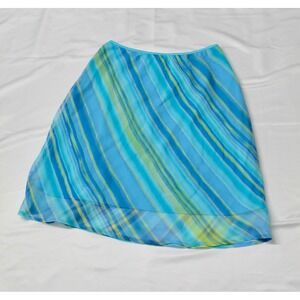 Y2K CC Hughes Blue Green Striped Chiffon Midi Skirt Womens Large Lined Tropical